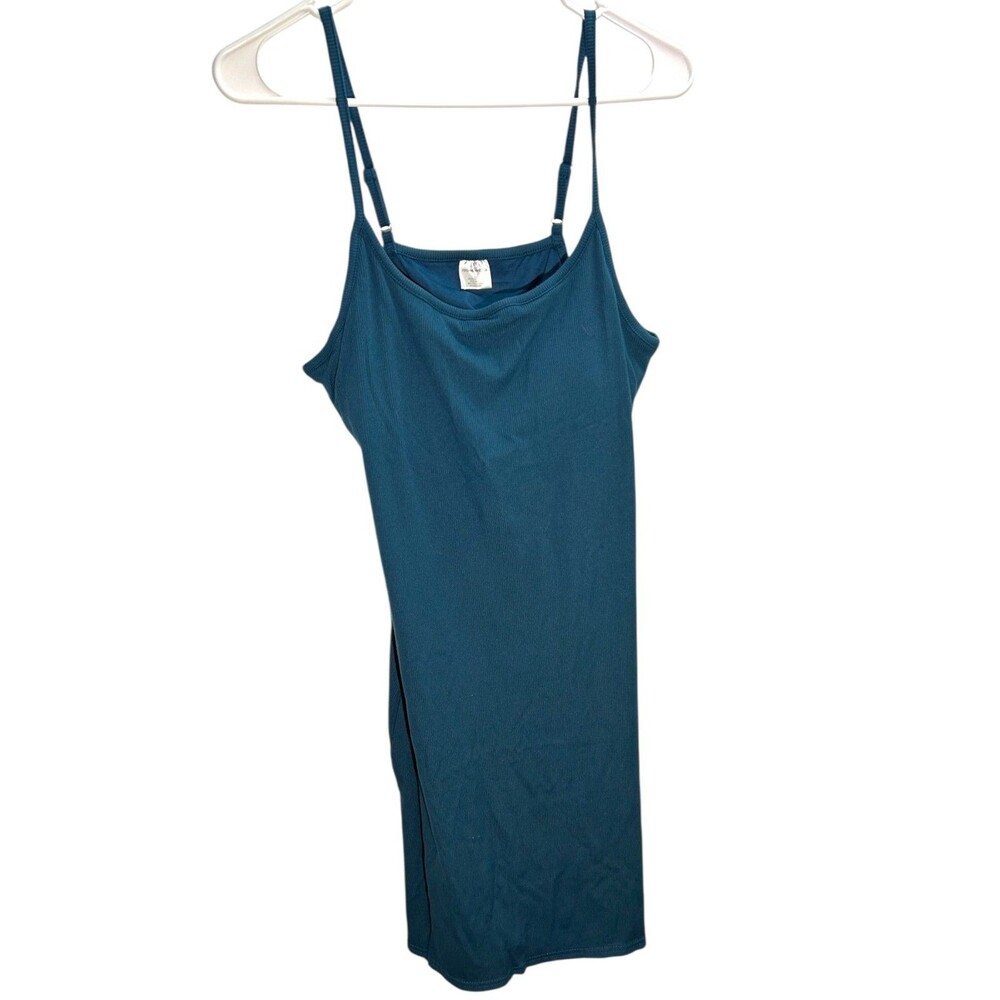 Real Essentials Ladies Spaghetti Strap Ribbed Tank Mini Dress Built-In Bra Teal